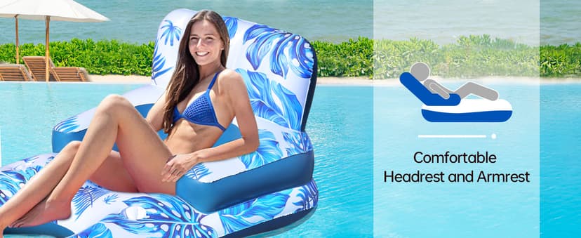 Pool Floats Adult, Pool Floaties with Cup Holder and Phone Holder, Pool Lounger Float with Headrest, Backrest and Footrest, 65" Thicken PVC Inflatable Pool Float for Adult Pool Party Beach Cool