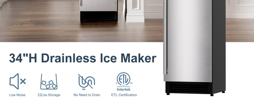 COTLIN 15" W Drainless Under Counter Ice Maker with 22LBS Storage Bin, Crescent Ice, Free Standing Built-in Ice Maker for Residential Commercial Use, No Drain Required, ETL Approved, 2026 Upgraded