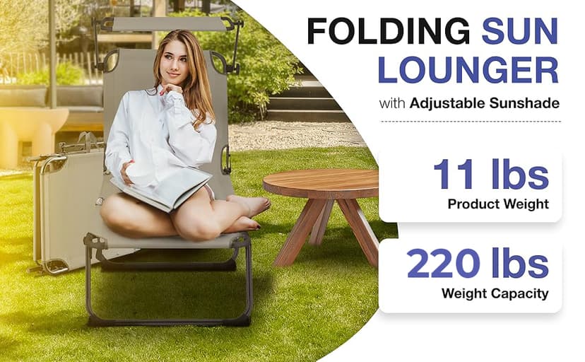 ComfySure Folding Outdoor Lounge Chair Set of 2 with Adjustable Shade Canopy, Portable Sun Tanning Chairs, Gray (1, Taupe)