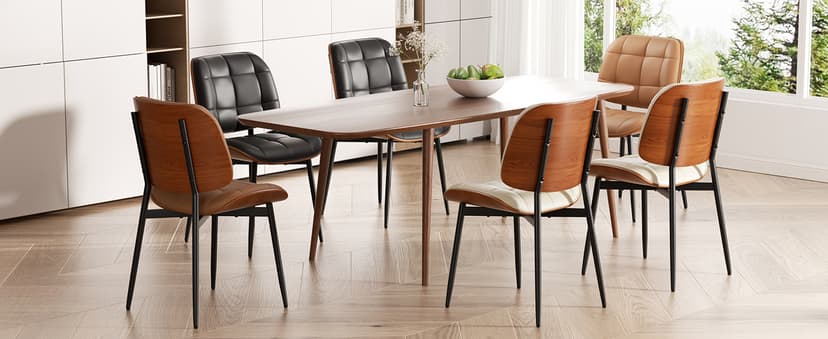 Dining Chairs Set of 2, Mid Century Modern Dining Room Chair with Thick Cushion, Upholstered Faux Leather Kitchen Chairs with Walnut Bentwood Back for Kitchen Dining Room, Beige