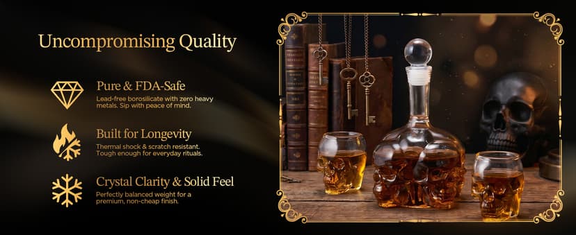 Spooky Skeleton Glass Decanter, Dark Academia Home Bar Decor & Man Cave, Cool Halloween Gifts for Men & Whisky Lovers Gothic Skull Whiskey Decanter Set, 34 oz, with 2 Rocks Glasses B0HC61CTR3