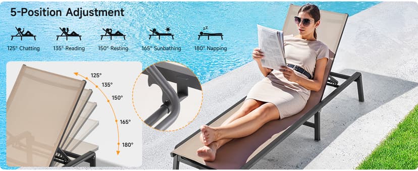 ONBRILL Aluminum Chaise Lounge Chair Outdoor, Foldable & Assembly Free Outdoor Lounge Chair with 5 Position Adjustable Backrest, Patio Pool Lounge Chairs for Outside Poolside Beach Lawn, 1PC, Khaki