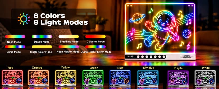 8 Colors, 8 Modes, 15 Light Effects with Music & Blue-Tooth, Doodle Neon Glow Pad Toys Gift for Girls/Boys/Kids 16" Rechargeable LED Drawing Board, Kids Birthday Christmas Gift B0GT9HHRJJ