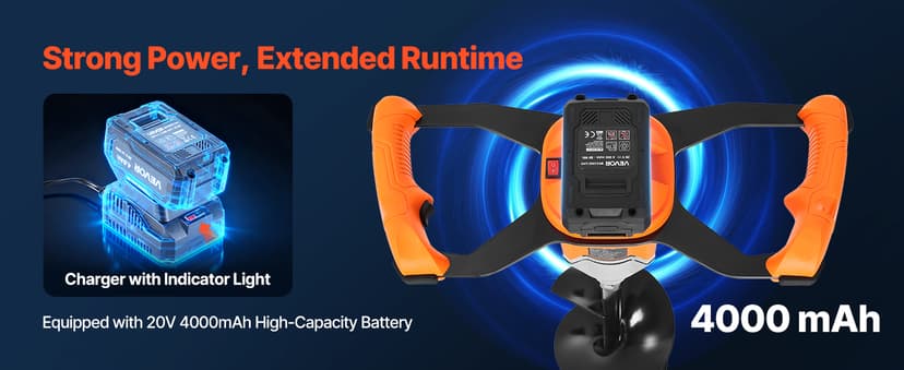 VEVOR 20V/40V Electric Ice Auger, 8 inch Diameter, 2 in 1 Battery Powered Ice Fishing Augers and Earth Auger Combo with Top Plate, Turbo High-Speed Cutting System and Blade Guard