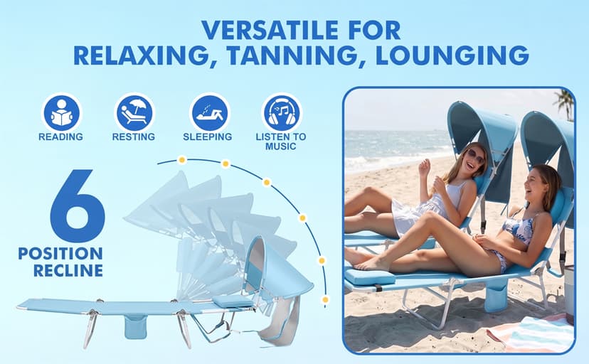 Backpack Beach Tanning Lounge Chair with Canopy Shade Face Hole Padded Adjustable Washable, 6 Position Layout Chair for Outside Sunbathing Poolside Lawn, UPF 50+ Wind-Resistant Sun Shade, Patented