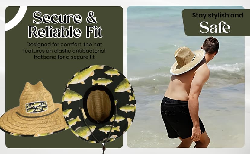 KC Republic Fabric Pattern Print Straw Sunhat Men & Women, Lifeguard Hat, Beach, Swim, Cruise, Paddle Board, Boat, Fishing, Fits All