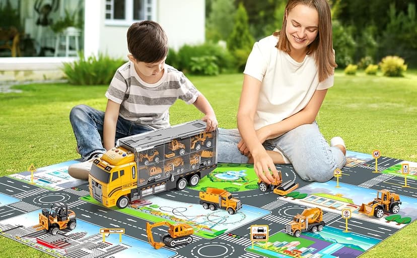 NIPLOOOW Kids Boys Construction Truck Vehicle Toy Set with Play Mat and Die-Cast Toy Car, Transport Carrier Truck for Kids 3-5, Birthday Gifts Toys for 3-8 Year Old Boys B0D7M51TRB