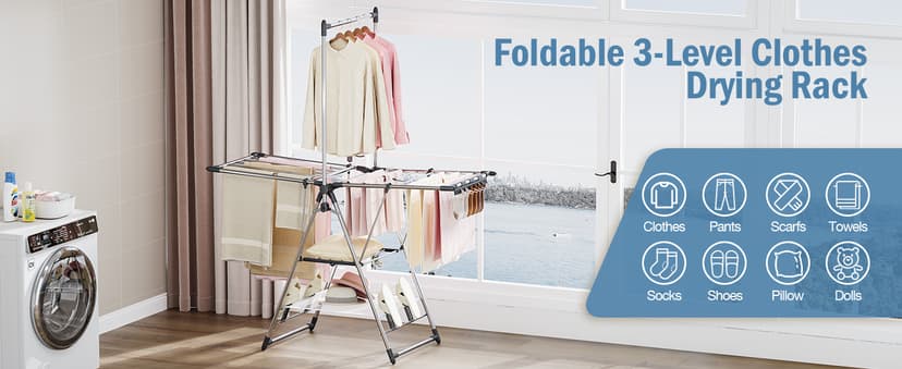 APEXCHASER Clothes Drying Rack with High Hanger, Foldable 3-Level Drying Racks with Shoe Rack, Crossbar and Vertical Rod Laundry Stand with Adjustable Wings Silver