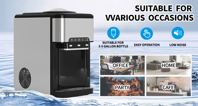 TABU 3-in-1 Countertop Water Dispenser&Ice Maker with 3 Temp Settings, 44LBS/24H, 4LBS Storage, Top-Loading, for 3-5 Gallon Bottles