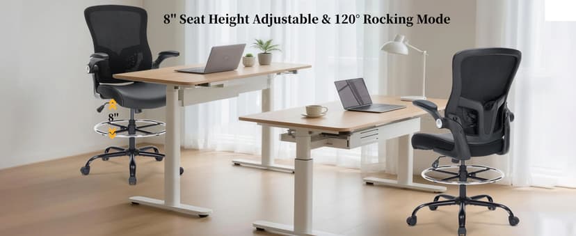 Drafting Chair, Tall Office Chair with PU Leather Seat, Ergonomic Standing Desk Chair with Lumbar Support Counter Height Office Chair with Adjustable Footrest Ring Flip-up Armrests