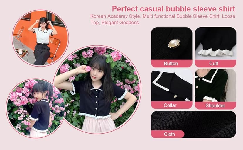 LREUIP Chic Korean Style Academy Style, Contrasting Navy Collar, Versatile Bubble Sleeve Shirt, Loose top, Elegant Goddess