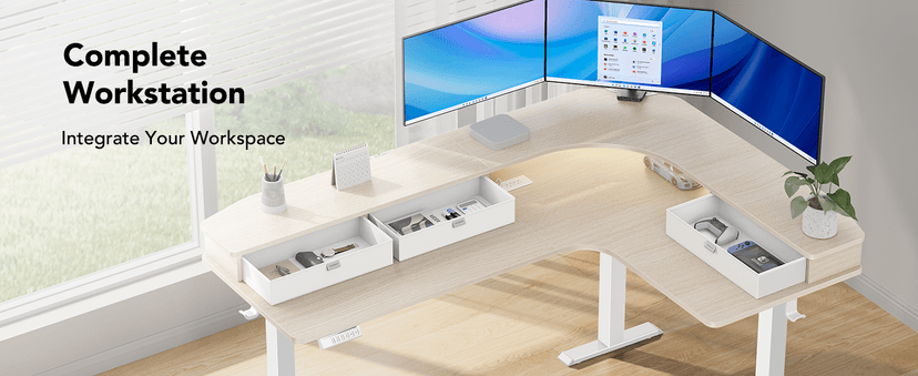 HUANUO 65″ L-Shaped Standing Desk with Power Outlets & LED Strip, Electric Height Adjustable Corner Computer Desk, Sit Stand Up Desk with 3 Drawers, Natural Wood