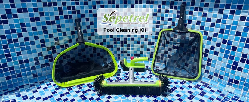 Sepetrel Deluxe Swimming Pool Cleaning Kit Including Professional Leaf Skimmer Net,Half-Depth Fine Mesh Net,17.5" Pool Brush Head & Hand Scrub Brush(NO Pole)