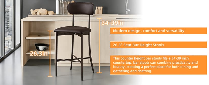 26.3 Inch Counter Height Bar Stools, Modern Counte Stools with Backrest,Counter Height Chairs with Leather Seat, Sturdy Frame and Footrests for Kitchen Island, Dining Room, Counter,Dark Gray
