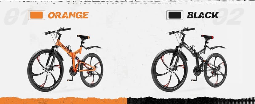 Outroad 26 Inch Folding Mountain Bike, 21 Speed Full Suspension High-Carbon Steel MTB Foldable Bicycle, Dual Disc Brake Non-Slip Folding Bikes for Adults/Men/Women, Black, Orange and Green