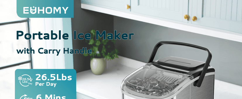 EUHOMY Ice Maker Countertop, Portable Ice Machine with Carry Handle, 26.5lbs Per Day, 9 Cubes in 6 Mins, Auto-Cleaning, with Basket and Scoop, for Home, Kitchen, Camping, RV (Silver)