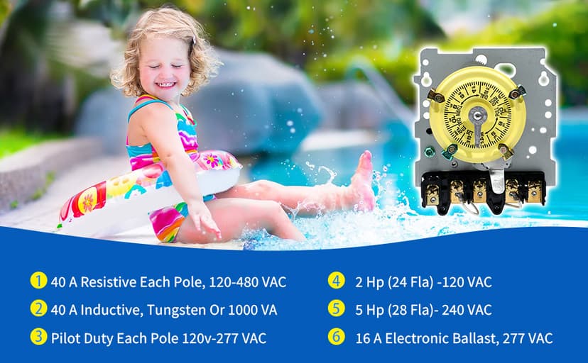 T104M Mechanical Time Switch Mechanism Only, 208-277 VAC DPST 5HP 40A Time Switch, Heavy Duty Electromechanical Timer, 24 Hour 12 ON/Off for Pool Pump HVAC Fans Water Heater Lights