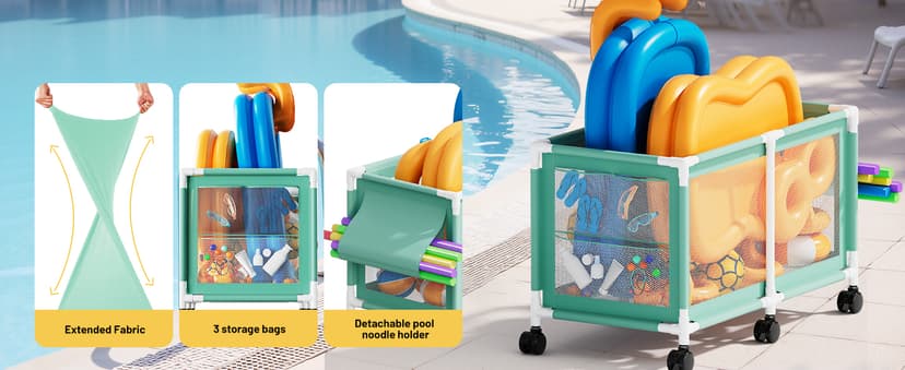 280 Gallon 69" Pool Storage Bin XXL Extra Large Swimming Pool Float Storage Bin, Pool Noodles Holder, Toys, Floats, Balls and Floats Equipment Mesh Rolling Bin for Garden Lawn, 69" Lx32 Wx35 H