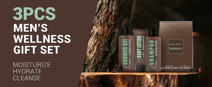 BODY & EARTH Men Gift Sets - 3PC Mens Gift Baskets Includes Sandalwood Shower Gel, Body Lotion, Shampoo, Mens Gift Basket as Birthday and Christmas Gifts for Men, Boyfriends and husbands