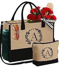 YOOLIFE Personalized Gifts for Women - Initial Jute Tote Bag & Makeup Bag, Birthday Gifts for Women Mom Wife Teacher Friend