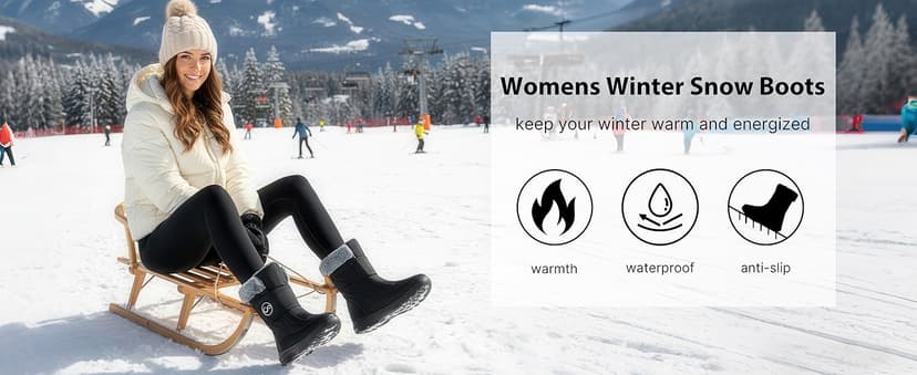 Almusen Snow Boots for Womens Winter Shoes: Warm Fur Lining Mid Calf Boots Women Anti Slip Waterproof Hook Loop Comfortable Outdoor Boot