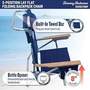 Tommy Bahama 5-Position Classic Lay Flat Folding Backpack Beach Chair, Aluminum, Red, White, and Blue Stripe