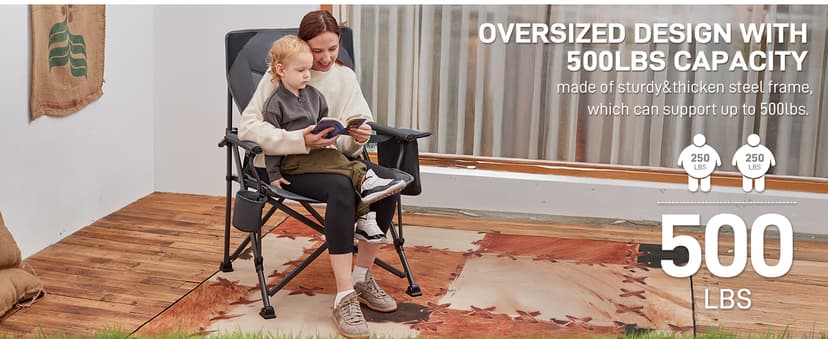 EVER ADVANCED Oversized Folding Camping Chair for Adults with Adjustable Lumbar Support, Heavy Duty Chair with Side Pockets, Portable Collapsible Quad Chair for Outside
