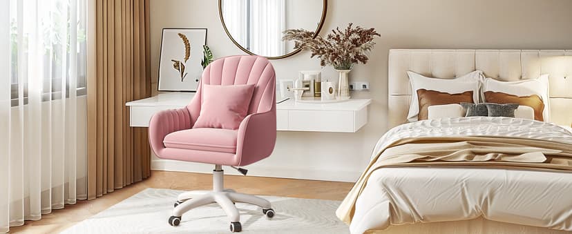 Mid Back Velvet Vanity Chair Swivel Rolling Desk Chair with Wheels, Modern Upholstered Makeup Chair for Women Girls, Computer Task Chair for Bedroom Living Room Office, White