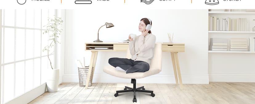 NEO CHAIR Criss Cross Chair with Wheels Home Office Cross Legged Armless Chairs Ergonomic Adjustable Computer Desk Task Wide Seat for Bedroom Vanity Comfy Swivel (Beige)