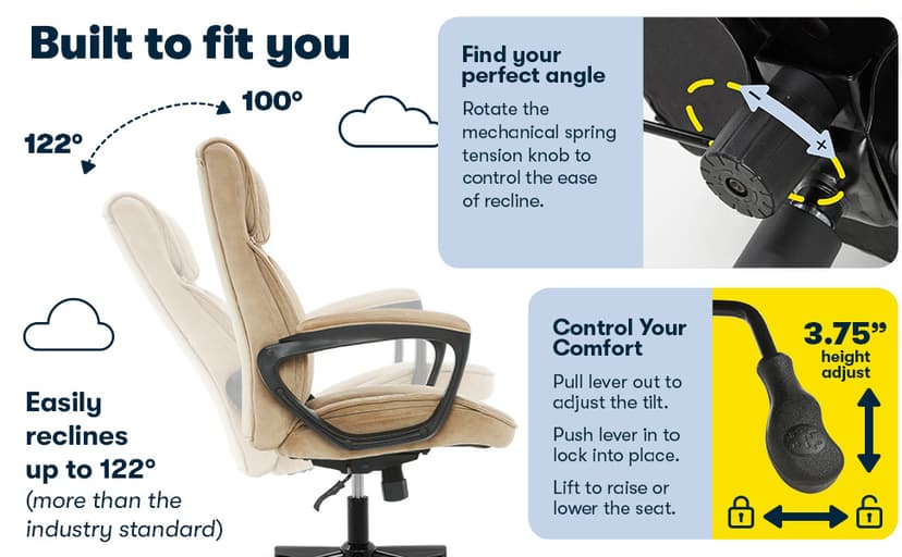 Serta® Hannah Executive Home Office Desk Chair, Ergonomic Mid-Back with Lumbar Support, Firm Seat Cushion, Layered Body Pillows, Padded Armrests, Swivel Base, Easy Assembly, Microfiber, Beige