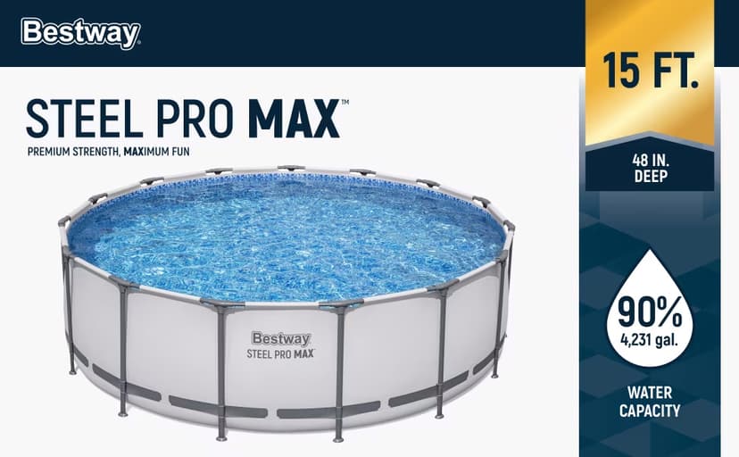 Bestway Steel Pro MAX 15' x 48" Above Ground Pool, Round Metal Frame Outdoor Swimming Pool Set with Filter Pump, Ladder, and Cover, Gray