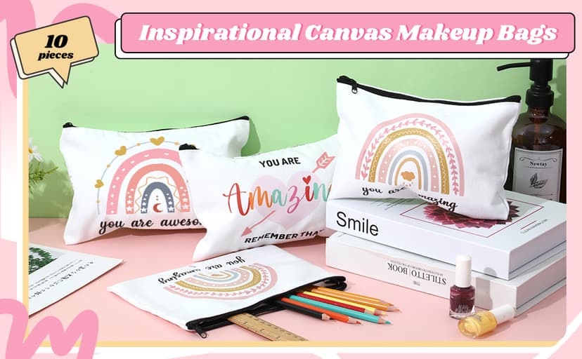 Chunful 10 Pieces Inspirational Canvas Makeup Bags for Women Graduation Gift Rainbow Canvas Cosmetic Bags Bulk with Zipper Friendship Gift Travel Toiletry Pouch(Moon Style)