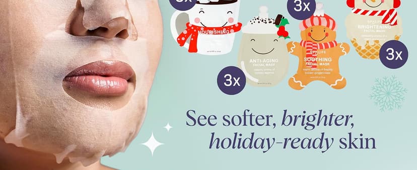 SpaLife Holiday Treats Facial Masks 12-Pack Assorted - Festive Christmas Skincare for Hydration and Refreshment - Gingerbread, Sundae, Cocoa & Eggnog