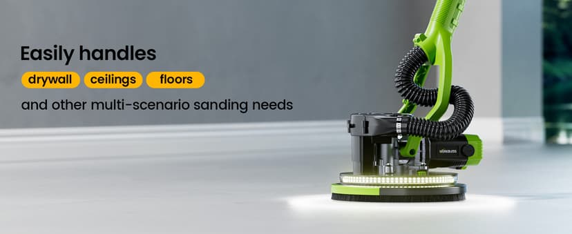 WorkBless Drywall Sander, 1050W 7.2A Popcorn Ceiling Removal Tool, Automatic Drywall Sander with Vacuum Dust Collector, 7 Variable Speed 1000-2100RPM, 15Pcs Sanding Discs(Green)