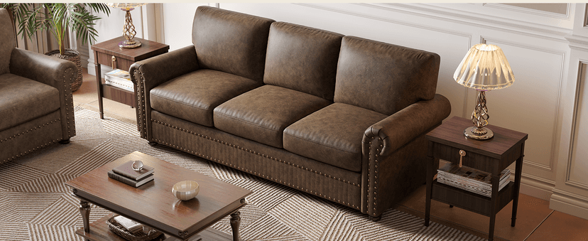 ONBRILL Faux Leather Sofa, 84 Inches Nailhead Trim Couch for Living Room, Mid-Century Modern Deep Seat Sofa with Rolled Arms, Classic 3 Seater Couch for Apartment, Office, Brown
