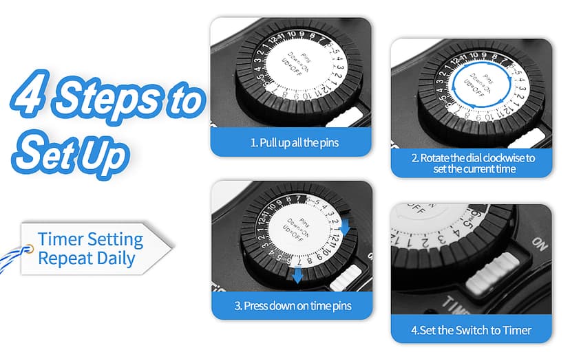 TiFFCOFiO Outdoor Timer Outlet, 24 Hour Mechanical Outdoor Timer for Pool Pump, Outdoor Light Timer Waterproof, 2 Grounded Outlets for Home and Garden, 15A 1/2HP, Heavy Duty, CSA Listed (1 Pack)