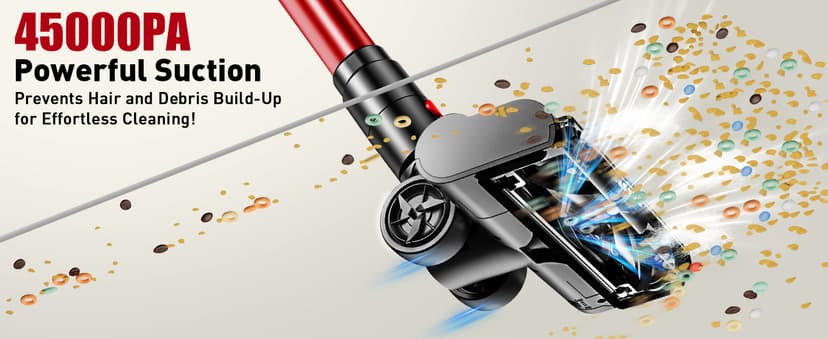 Cordless Vacuum Cleaner, 45KPA 8-in-1 Vacuum Cleaners for Home, 50Mins Runtime, Anti-Tangle Stick Vacuum with LED Display, Rechargeable Lightweight Vacuum for Pet Hair/Carpet/Floor (Red) (Red)