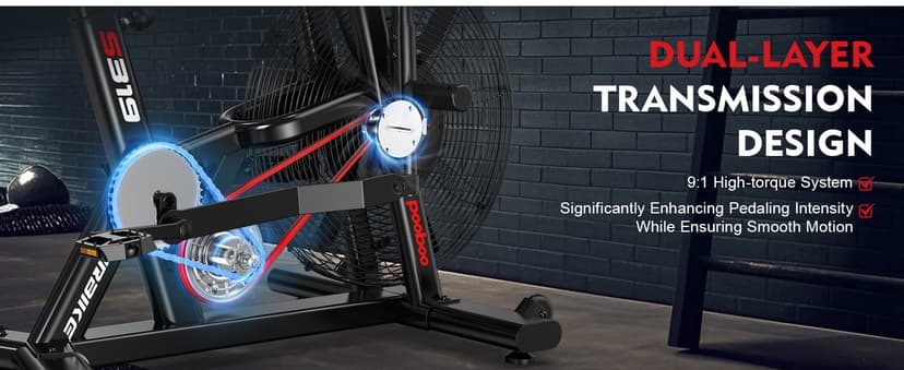 pooboo Exercise Bike, Stationary Bike for Home Gym, Air Resistance Bluetooth Fan Bike w/Dual Acction Handlebars & Dual-Layer Transmission System, Upright AirBike Indoor Cycling Bike for Cardio Workout