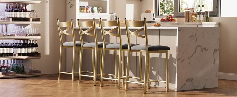 22" Bar Stools Set of 4, Counter Height Bar Stools with PU Upholstered Seat, Metal Frame Kitchen Bar Chairs with X-Design Back and Footrest for Kitchen Island, Counter Bar, Dining Room, Black
