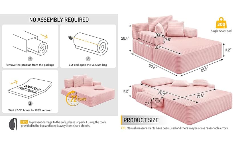 2 in 1 Corduroy Chaise Lounge Chair Indoor, 60'' Oversized Boneless Sofa Chaise Lounge with Pocket, Plush Cozy Deep Seat Couch Chair for Living Room, Bedroom, Small Spaces, RV (Pink)