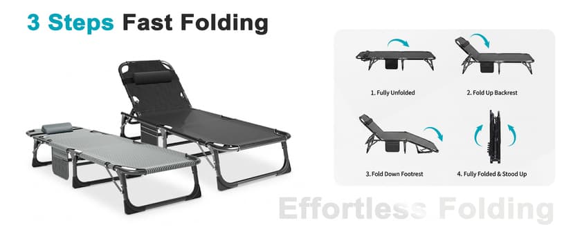 ABORON Heavy Duty Tanning Chair,Outdoor 5-Position Folding Chaise Lounge Chair with Pad,Portable Beach Lounge Chair for Outdoor Sunbathing Patio Pool Lawn Deck Poolside