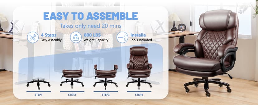 800LBS Big and Tall Office Chair for Heavy People, Heavy Duty Executive Chair with High Back, Extra Wide Seat and Adjustable Lumbar, Large Computer Desk Chair Comfortable for Home Office (Brown)
