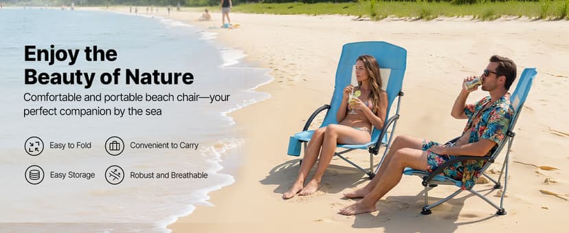 VEVOR Folding Beach Chair, High Back Camping Chairs for Adults, with Cup Pocket, Mesh Back, Carry Bag, Portable Extra Wide Seat Chair 330 lbs Heavy Duty Support, for Outdoor, Camp, Light Blue