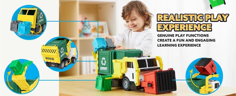 JOYIN Large Friction Powered Garbage Truck Toy Set, Includes 1 Dumpster, 3 Trash Bins, and 30 Learning Cards for Kids, Boy Toys Birthday Gift, Green B095XJDJ8V