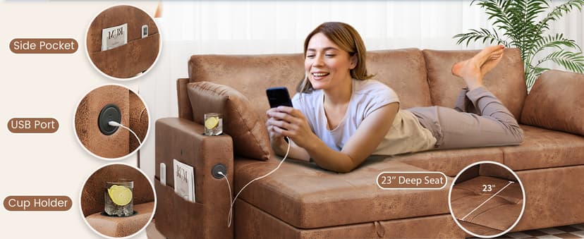 JFHID Leather Sleeper Sofa Couch with Pullout Bed, 80'' Sofa Bed Pull Out Couch with Reversible Storage Chaise, Sectional Couches with USB Charging Ports&Cup Holders for Living Room, Brown