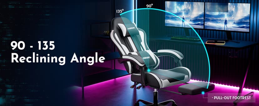 Gaming Chair, Ergonomic Computer Chair with Footrest and Lumbar Support, Height Adjustable Game Chair with 360°-Swivel Seat and Headrest and for Office or Gaming Blackwhite