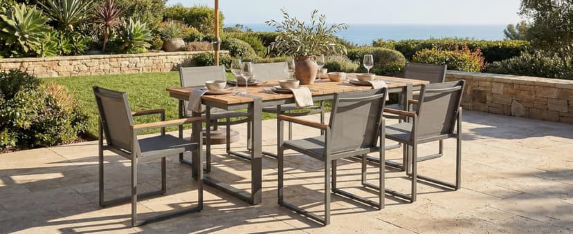 Outdoor Dining Set, HDPS + Aluminum Patio Table and Chairs Set with U-Shaped Base, 7 Piece Outdoor Furniture Set with Umbrella Hole, Patio Dining Table Set for Garden, Backyard (Gray-Teak)