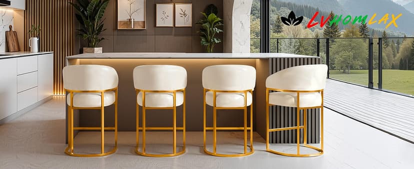 Modern Counter Height Bar Stools,Bar Stools Set of 3,PU Leather Upholstered Barrel Barstools with Backs,26" Kitchen Island Chairs,Metal Gold Frames,Beige White Leather