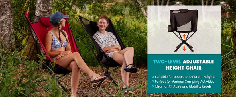 TCEK TCEK Portable High Back Camping Chair with Adjustable Height, Small Compact Outdoor Folding Chair for Adults Travel, Riselite Collapsible Lightweight Packable Camp Chairs, Easy Carry and Quick Setup