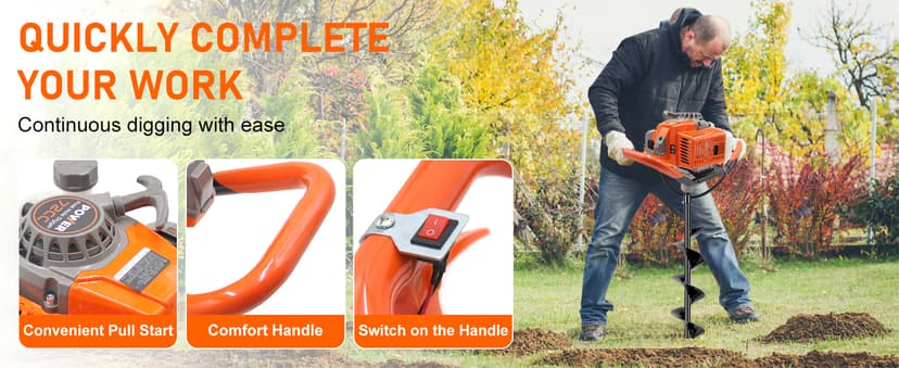 72CC Auger Post Hole Digger, 2 Stroke Gas Powered Earth Post Hole Digger with 2 Auger Drill Bits(6" & 8") + 1 Extension Rods for Farm Garden Plant, Orange (72CC)